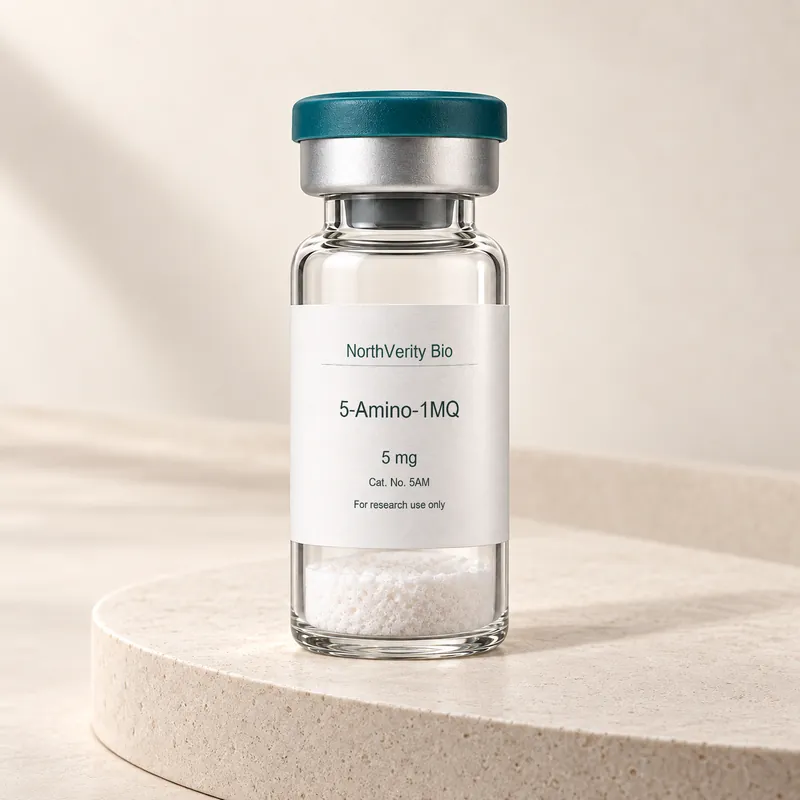 5-Amino-1MQ 5 mg × 10 vials · 5AM · Catalog illustration—not an actual packaging photo.