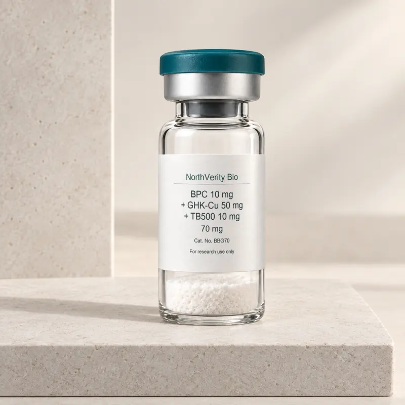 BPC 10 mg + GHK-Cu 50 mg + TB500 10 mg 70 mg × 10 vials · BBG70 · Catalog illustration—not an actual packaging photo.