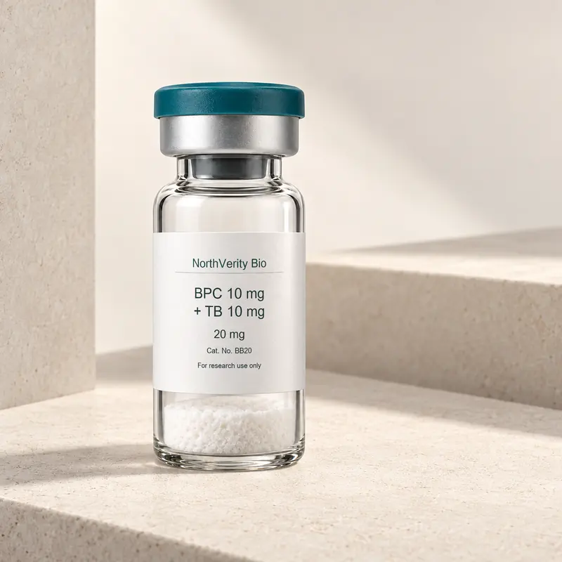BPC 10 mg + TB 10 mg 20 mg × 10 vials · BB20 · Catalog illustration—not an actual packaging photo.