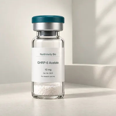 ⁨GHRP-6 Acetate⁩ 10 mg × 10 قوارير · ⁨G610⁩ · رسم توضيحي وليس صورة للتغليف الفعلي.