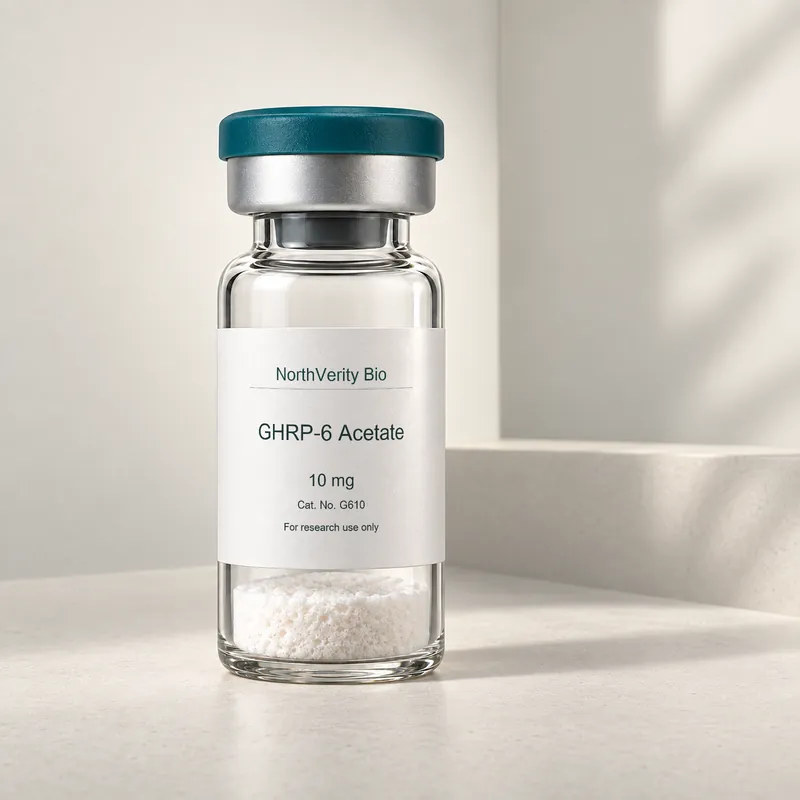 GHRP-6 Acetate 10 mg × 10 vials · G610 · Catalog illustration—not an actual packaging photo.