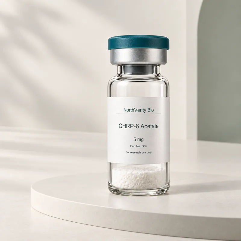 GHRP-6 Acetate 5 mg × 10 vials · G65 · Catalog illustration—not an actual packaging photo.