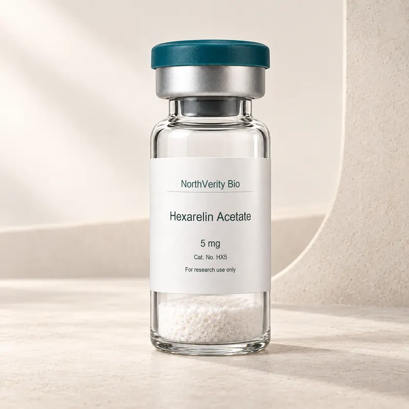 Hexarelin Acetate 5 mg × 10 قوارير · HX5 · رسم توضيحي وليس صورة للتغليف الفعلي.