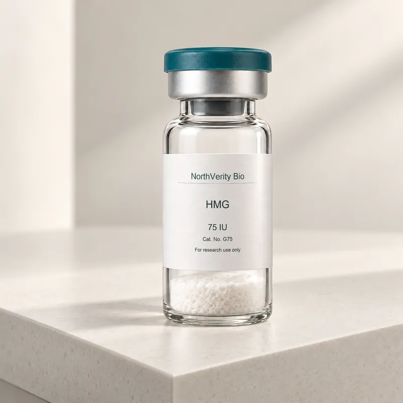 HMG 75 IU × 10 vials · G75 · Catalog illustration—not an actual packaging photo.