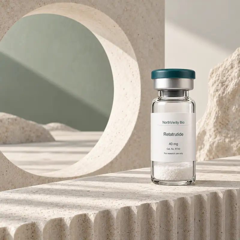Retatrutide 40 mg × 10 vials · RT40 · Catalog illustration—not an actual packaging photo.