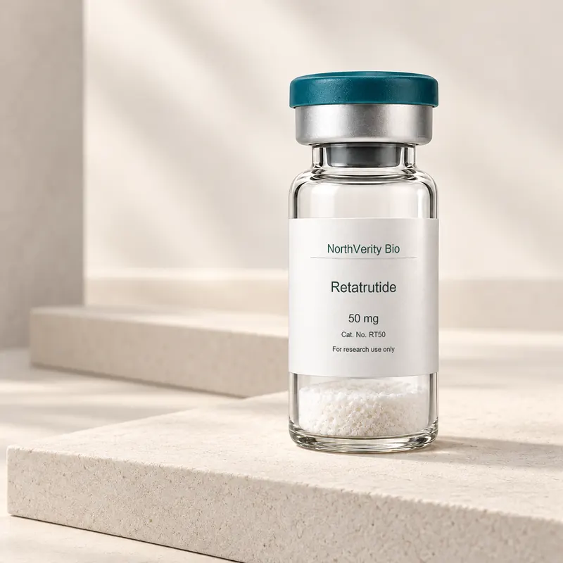 Retatrutide 50 mg × 10 vials · RT50 · Catalog illustration—not an actual packaging photo.