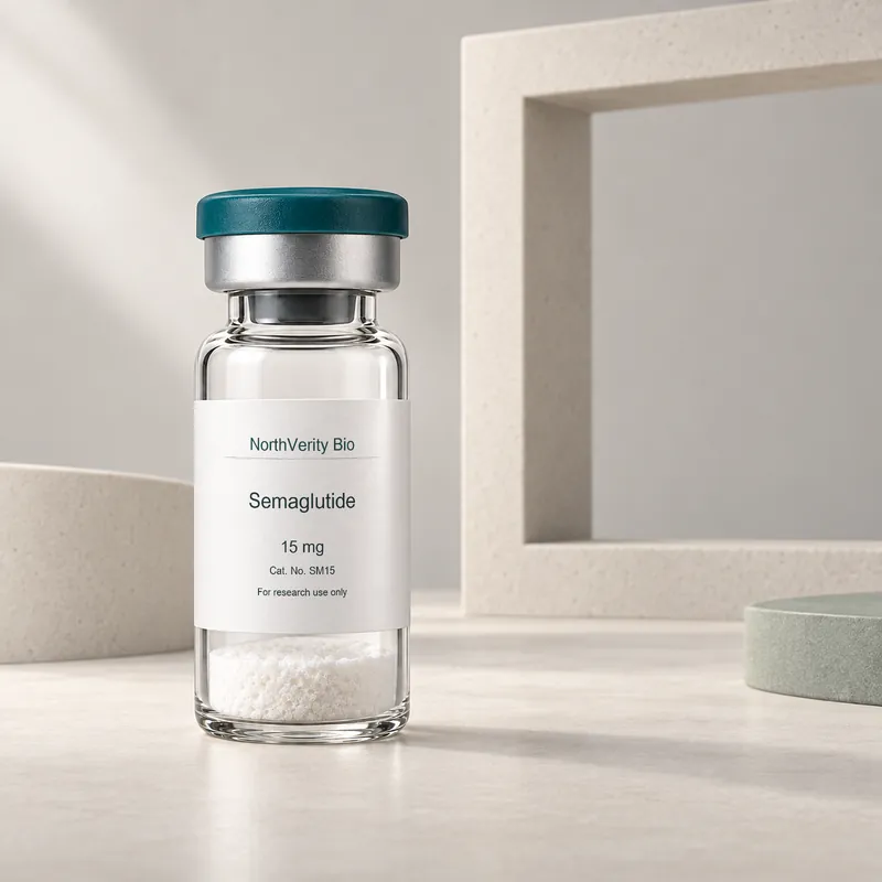 Semaglutide 15 mg × 10 vials · SM15 · Catalog illustration—not an actual packaging photo.