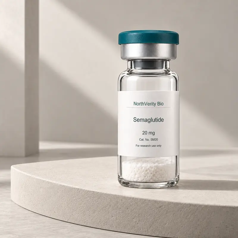 Semaglutide 20 mg × 10 vials · SM20 · Catalog illustration—not an actual packaging photo.