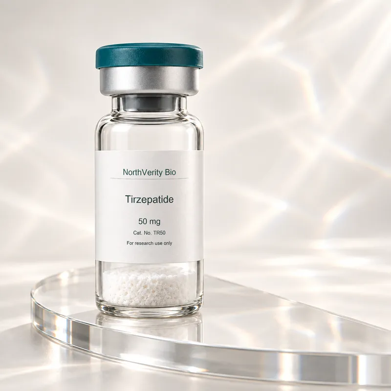 Tirzepatide 50 mg × 10 قوارير · TR50 · رسم توضيحي وليس صورة للتغليف الفعلي.