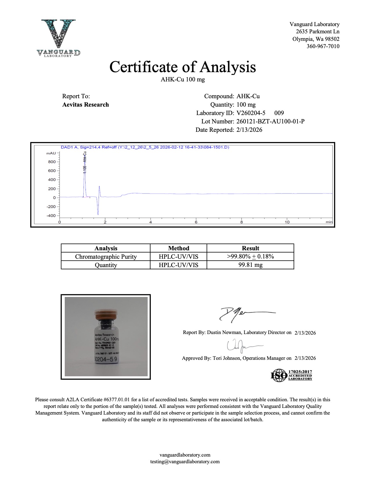Original AHK-Cu 100 mg sample report, V260204-5 009