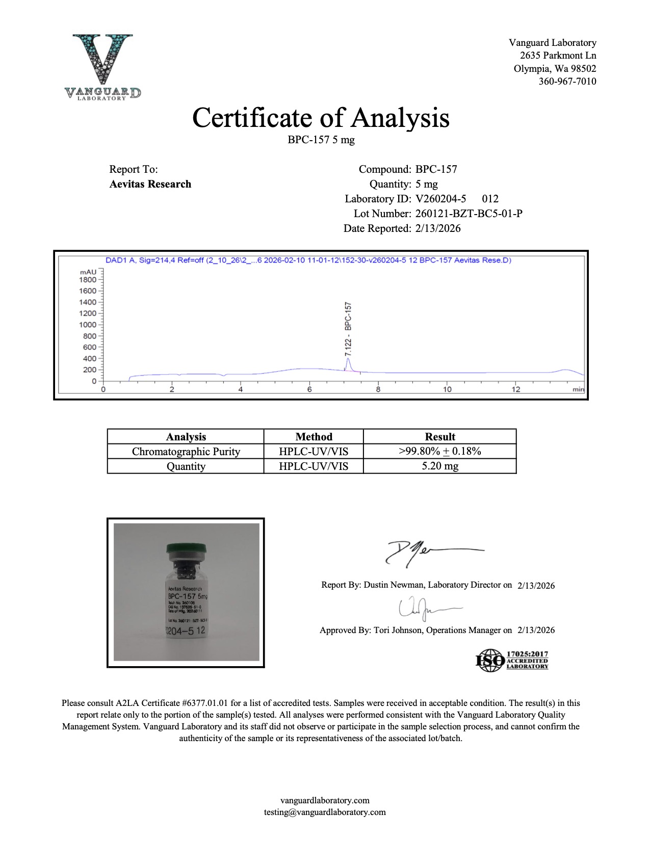 Original BPC-157 5 mg sample report, V260204-5 012