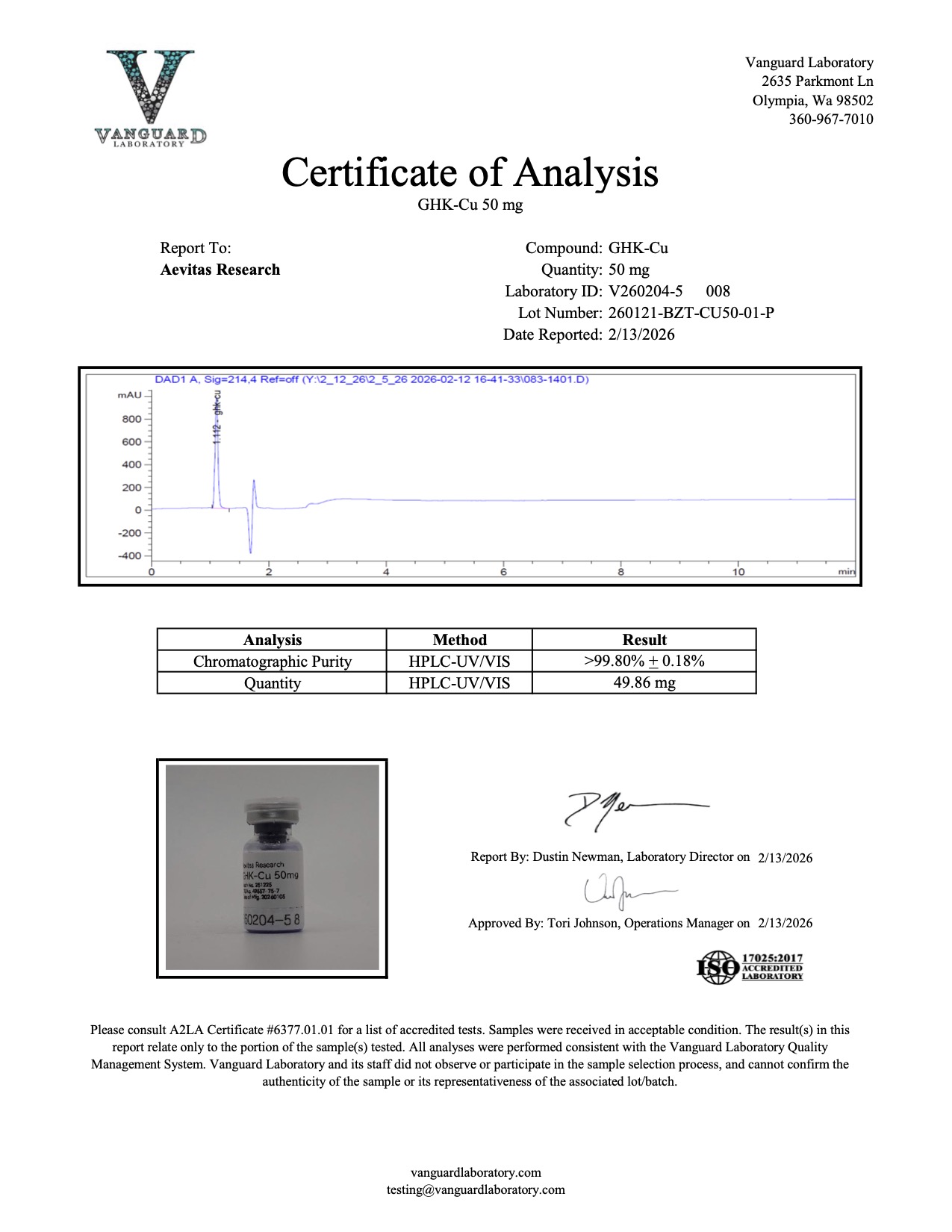 Original GHK-Cu 50 mg sample report, V260204-5 008