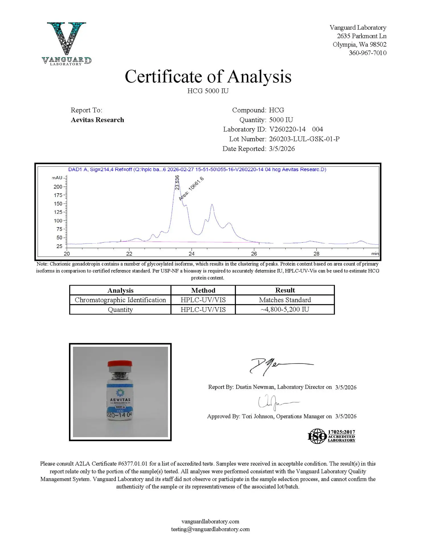 Original HCG 5000 IU sample report, V260220-14 004
