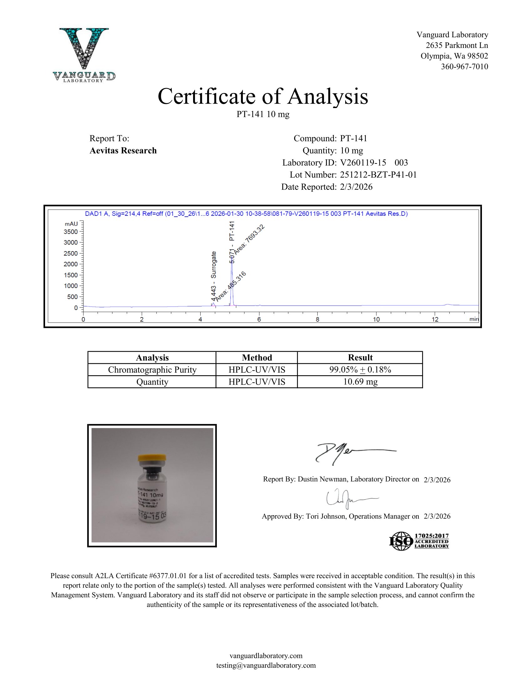 Original PT-141 10 mg sample report, V260119-15 003