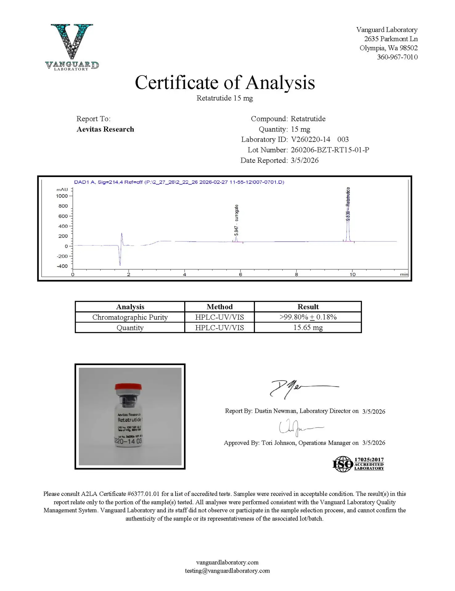 Original Retatrutide 15 mg sample report, V260220-14 003