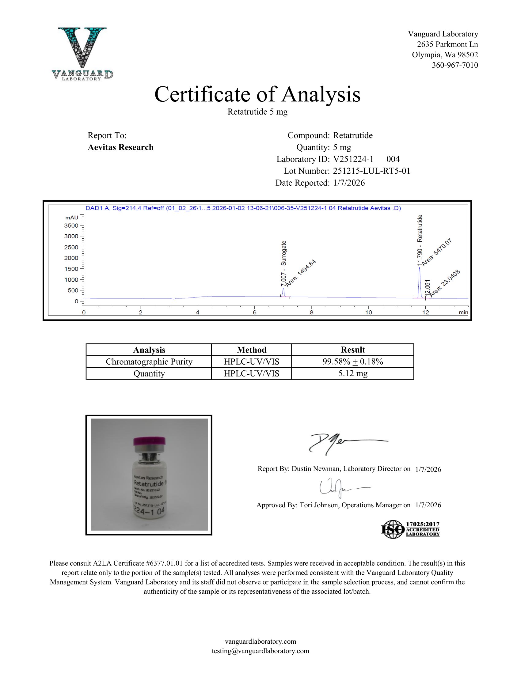 Original Retatrutide 5 mg sample report, V251224-1 004