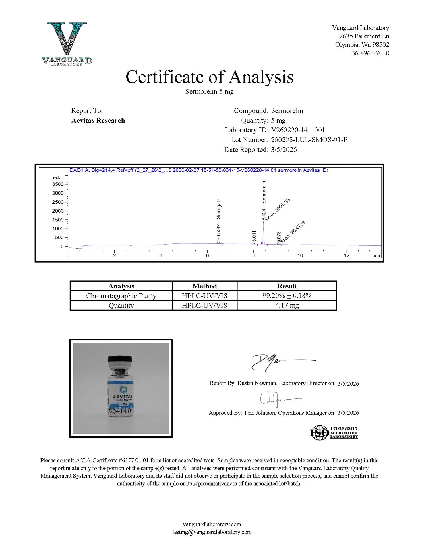 Original Sermorelin 5 mg sample report, V260220-14 001