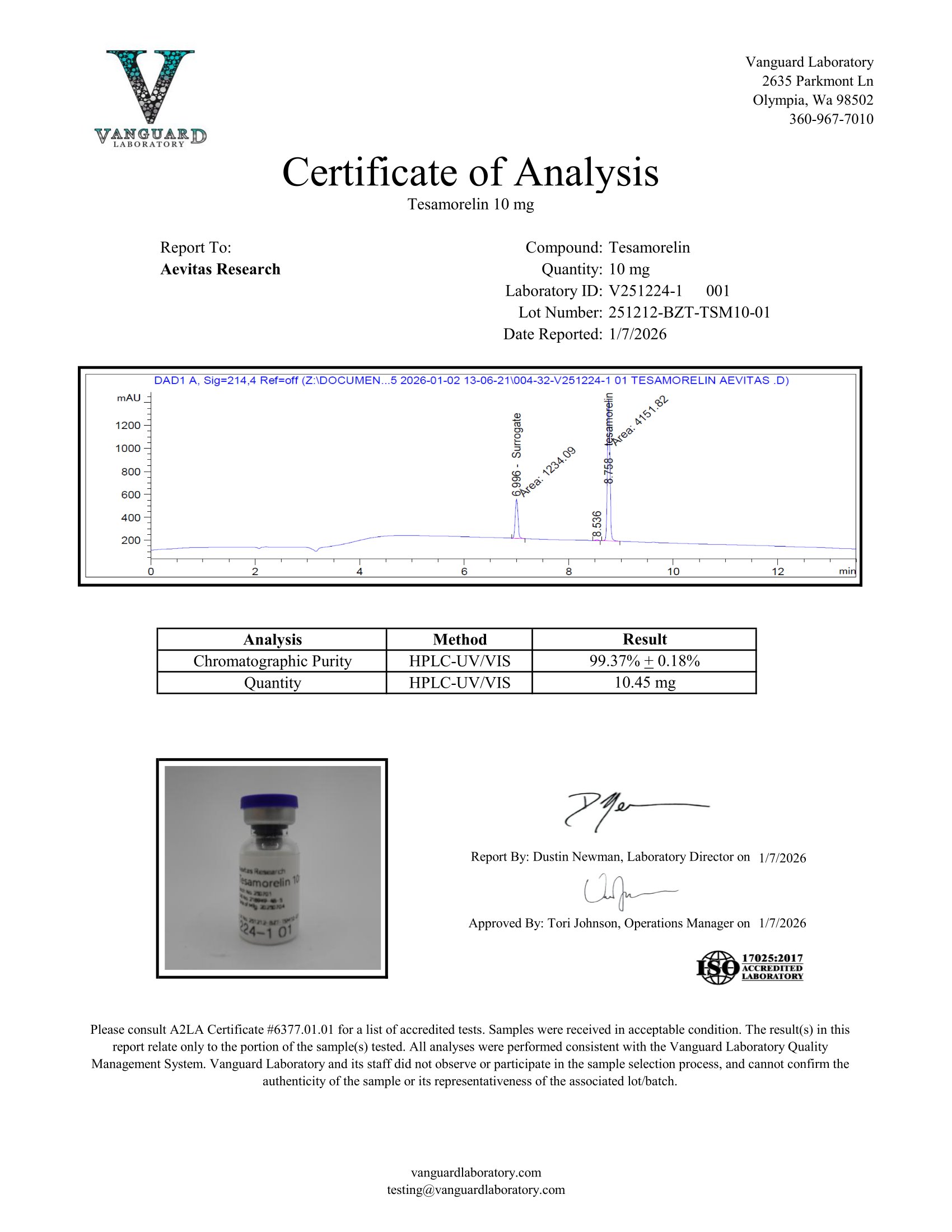 Original Tesamorelin 10 mg sample report, V251224-1 001