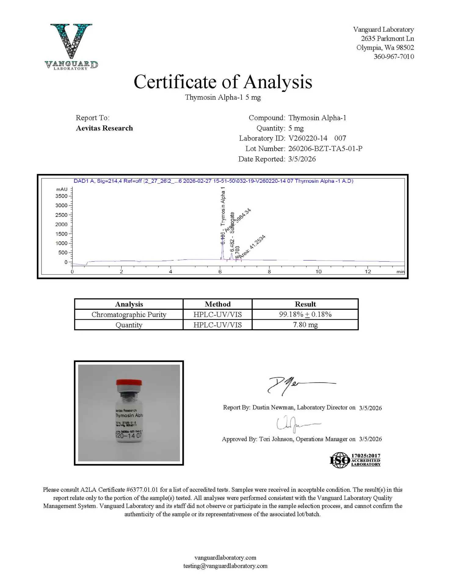 Original Thymosin Alpha-1 5 mg sample report, V260220-14 007