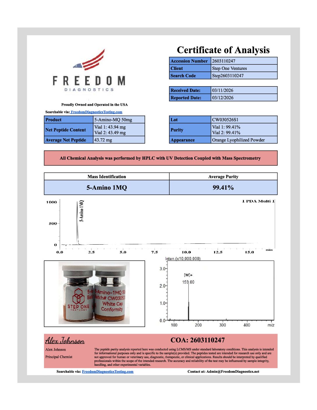 Original 5-Amino-MQ 50mg sample report, 2603110247