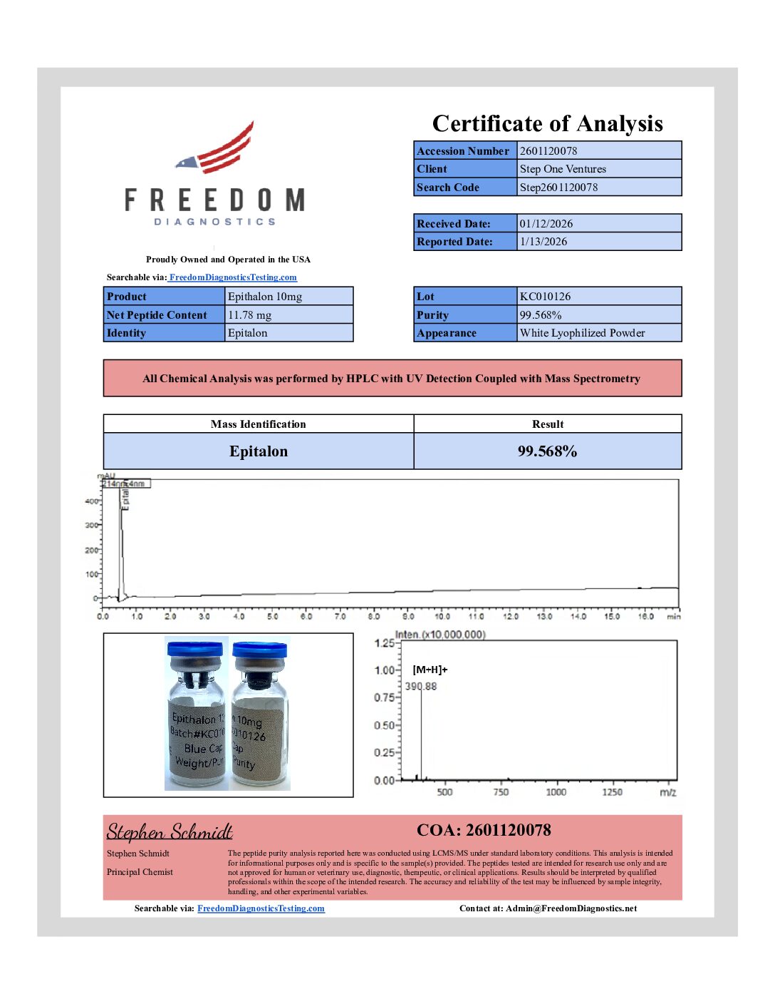 Original Epithalon 10mg sample report, 2601120078