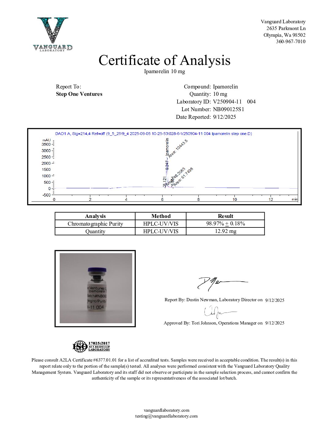 Original Ipamorelin 10 mg sample report, V250904-11 004