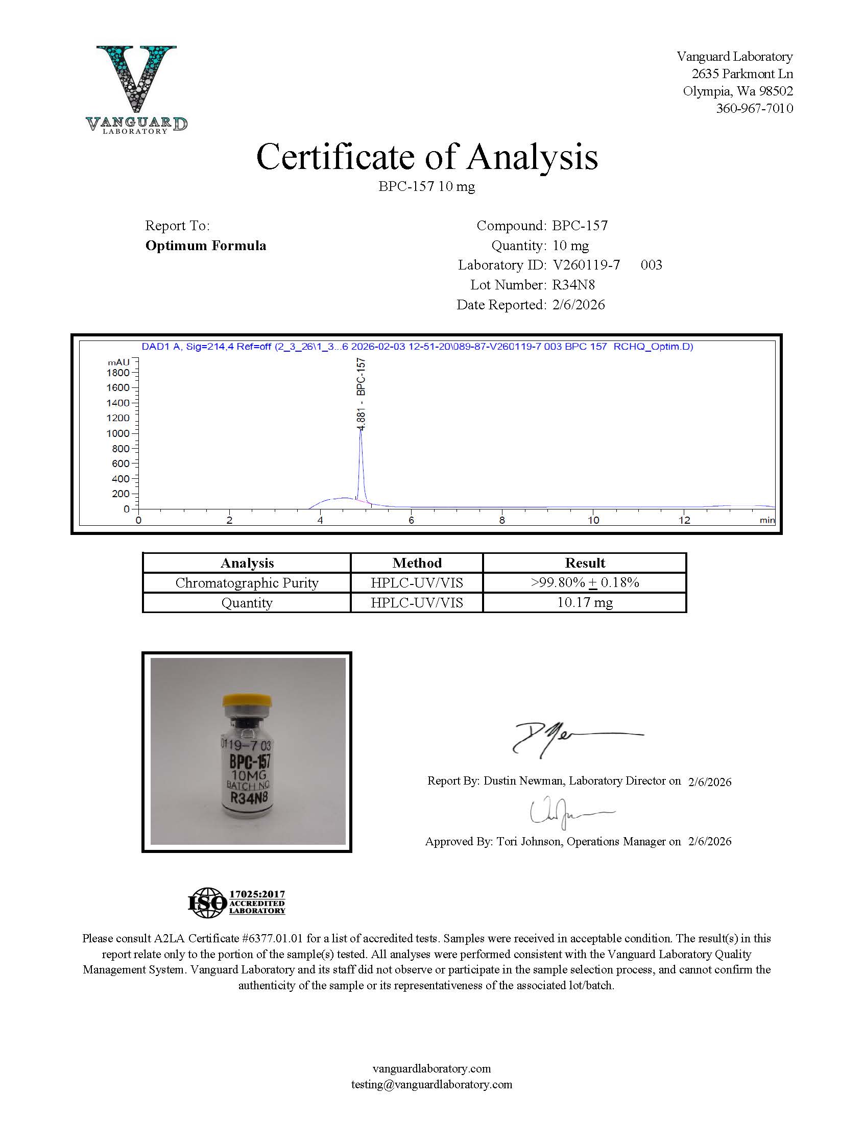 Original BPC-157 10 mg sample report, V260119-7 003