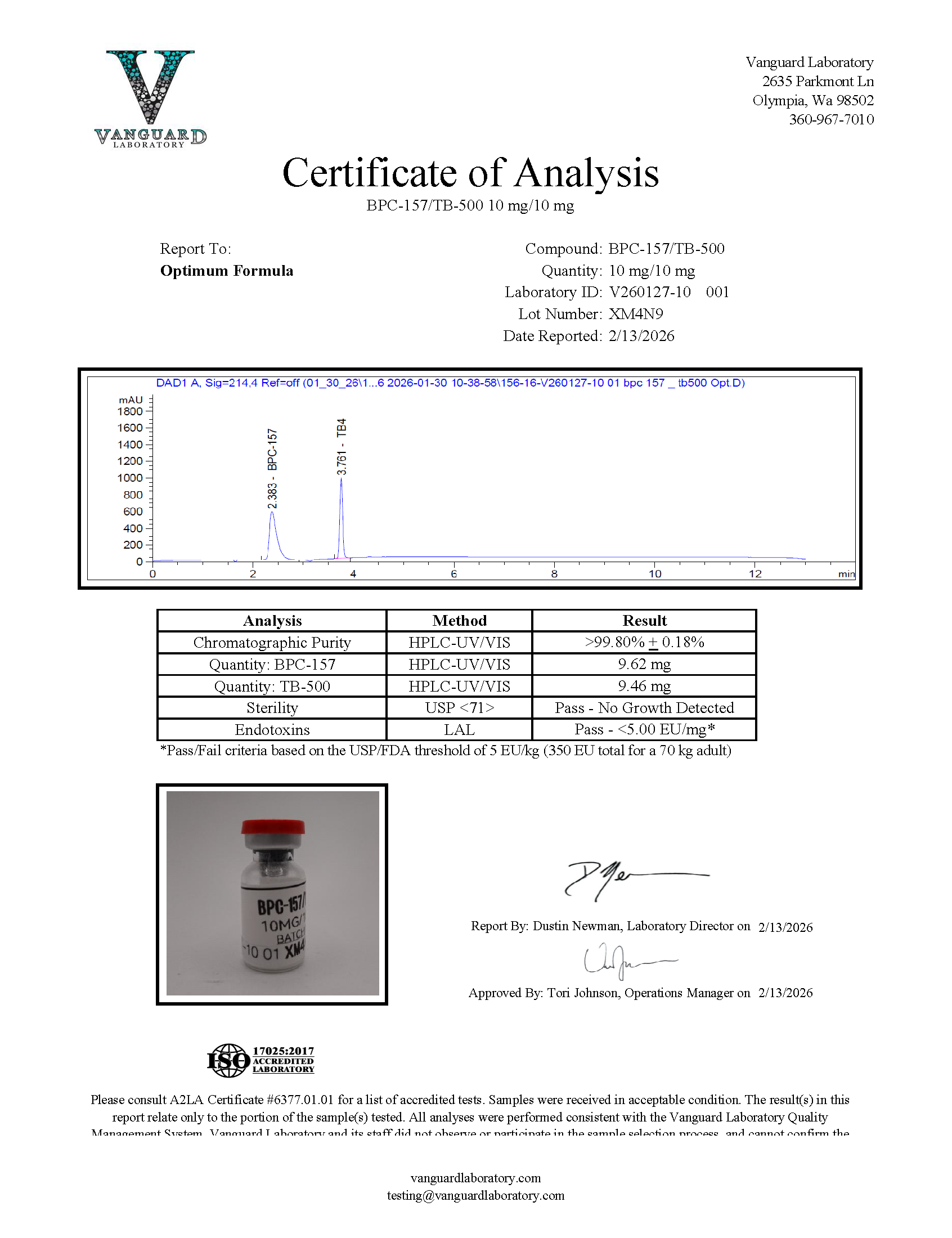 Original BPC-157/TB-500 10 mg/10 mg sample report, V260127-10 001