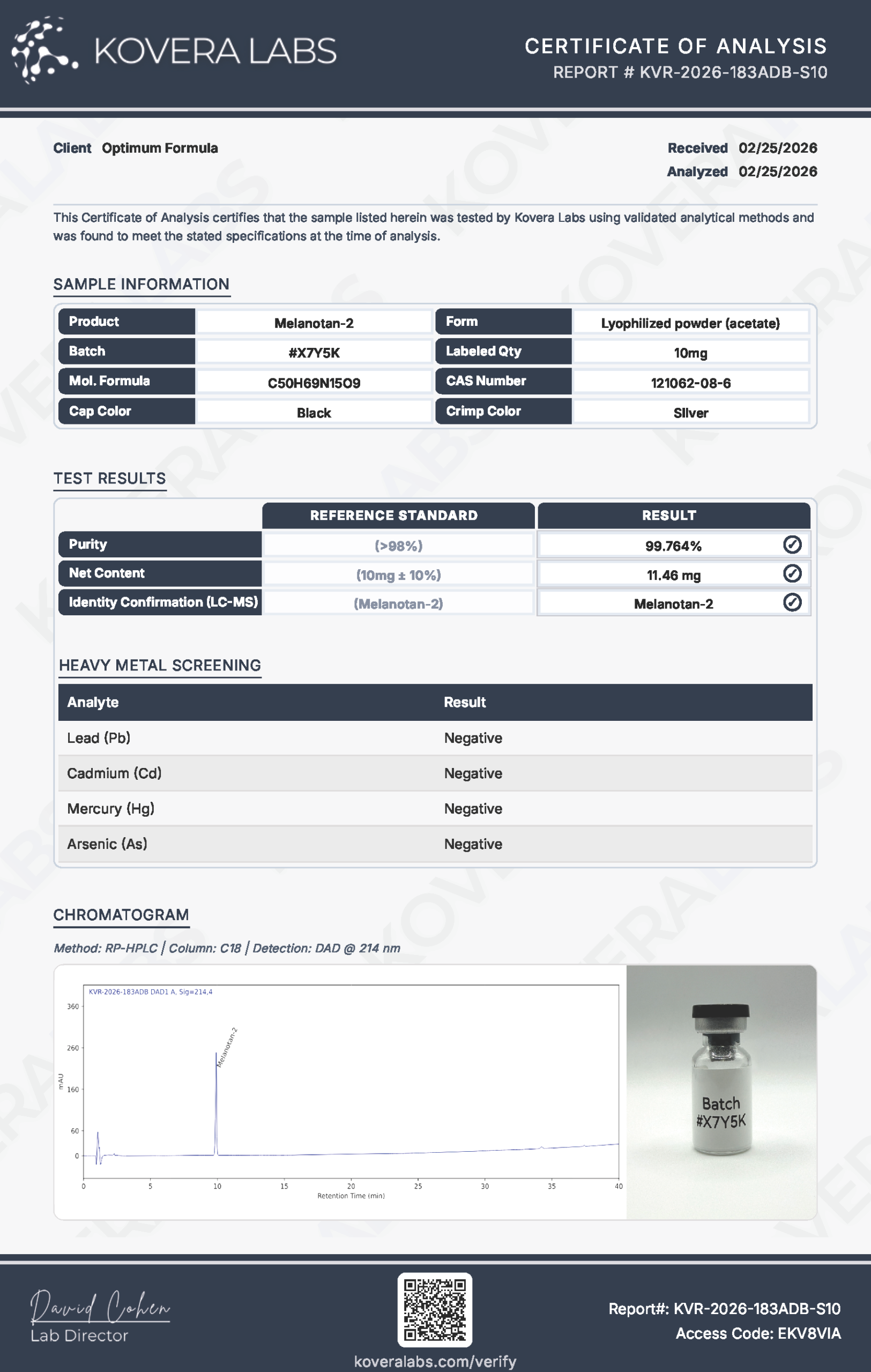 Original Melanotan-2 sample report, KVR-2026-183ADB-S10