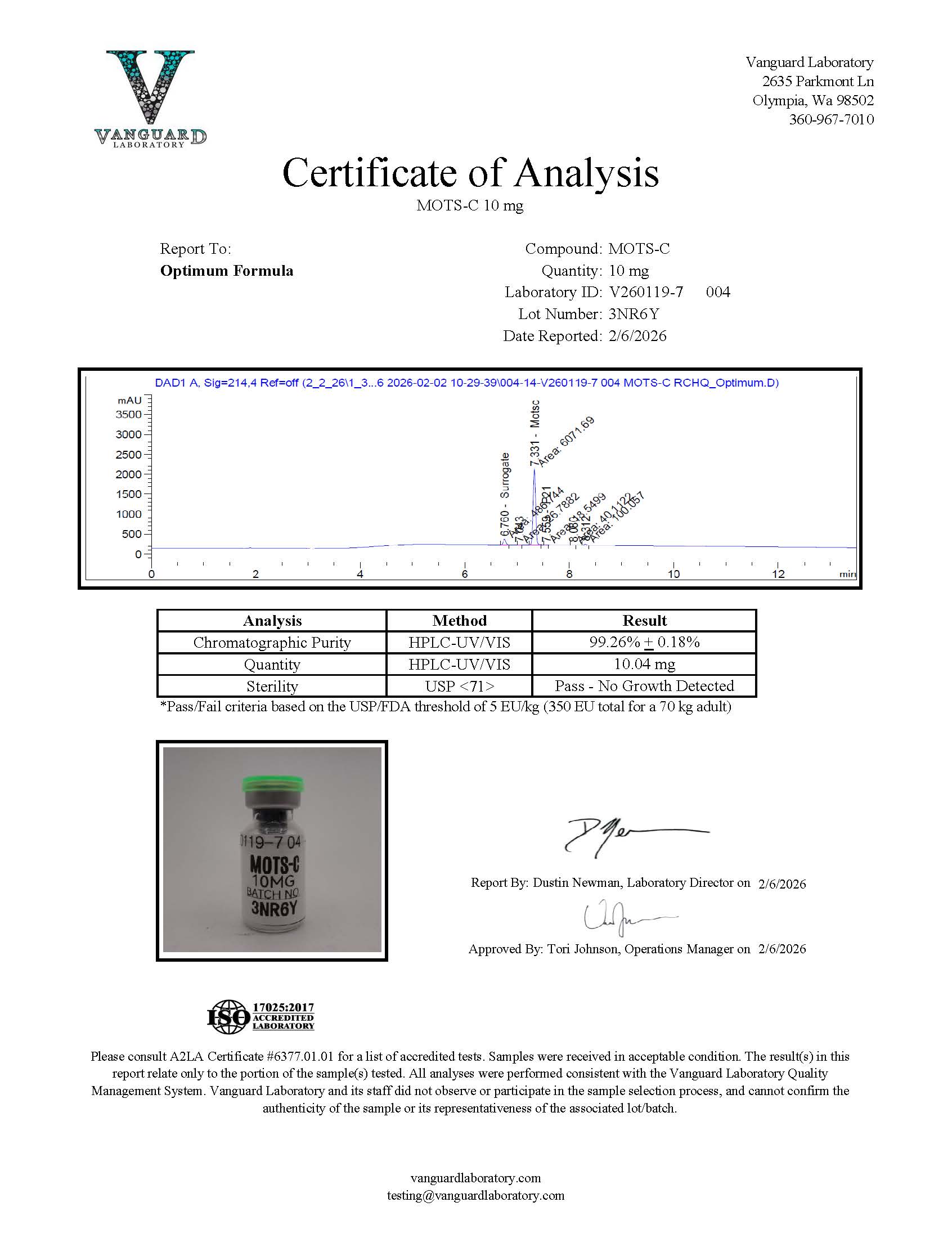 Original MOTS-C 10 mg sample report, V260119-7 004