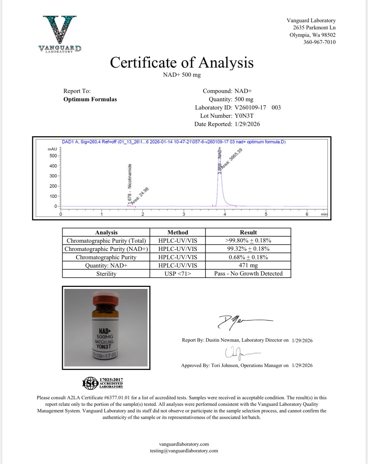 Original NAD+ 500 mg sample report, V260109-17 003