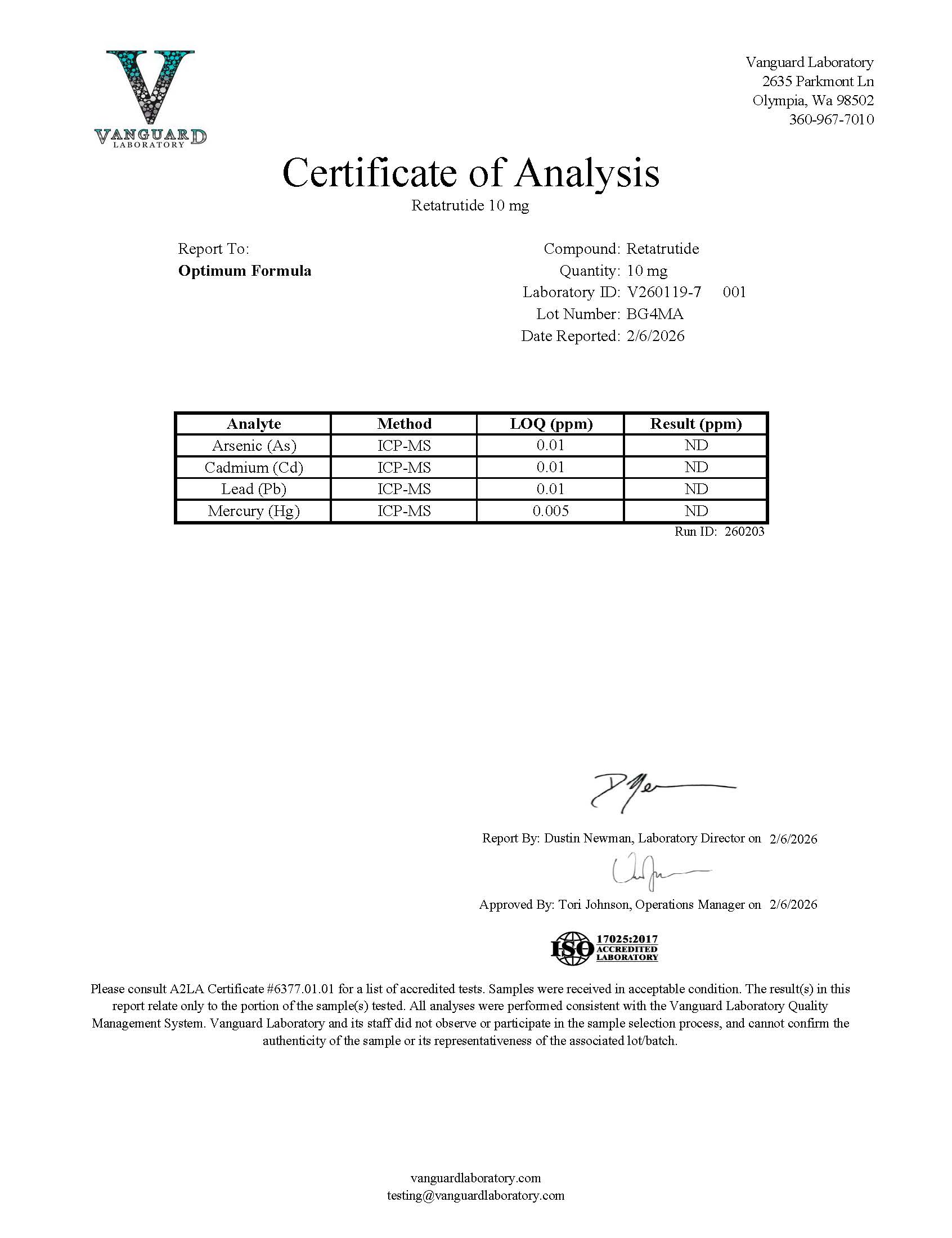 Original Retatrutide 10 mg sample report, V260119-7 001