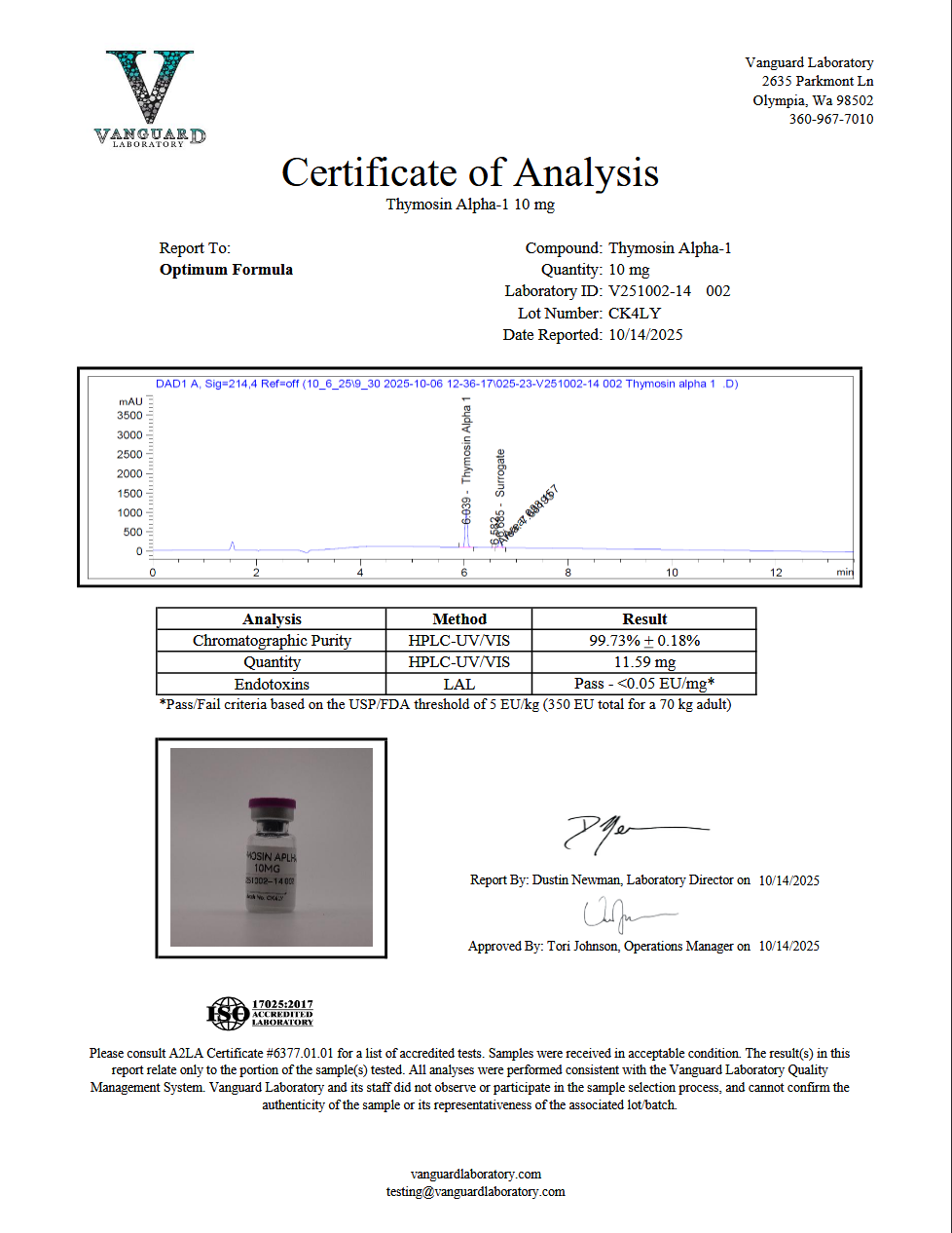 Original Thymosin Alpha-1 10 mg sample report, V251002-14 002