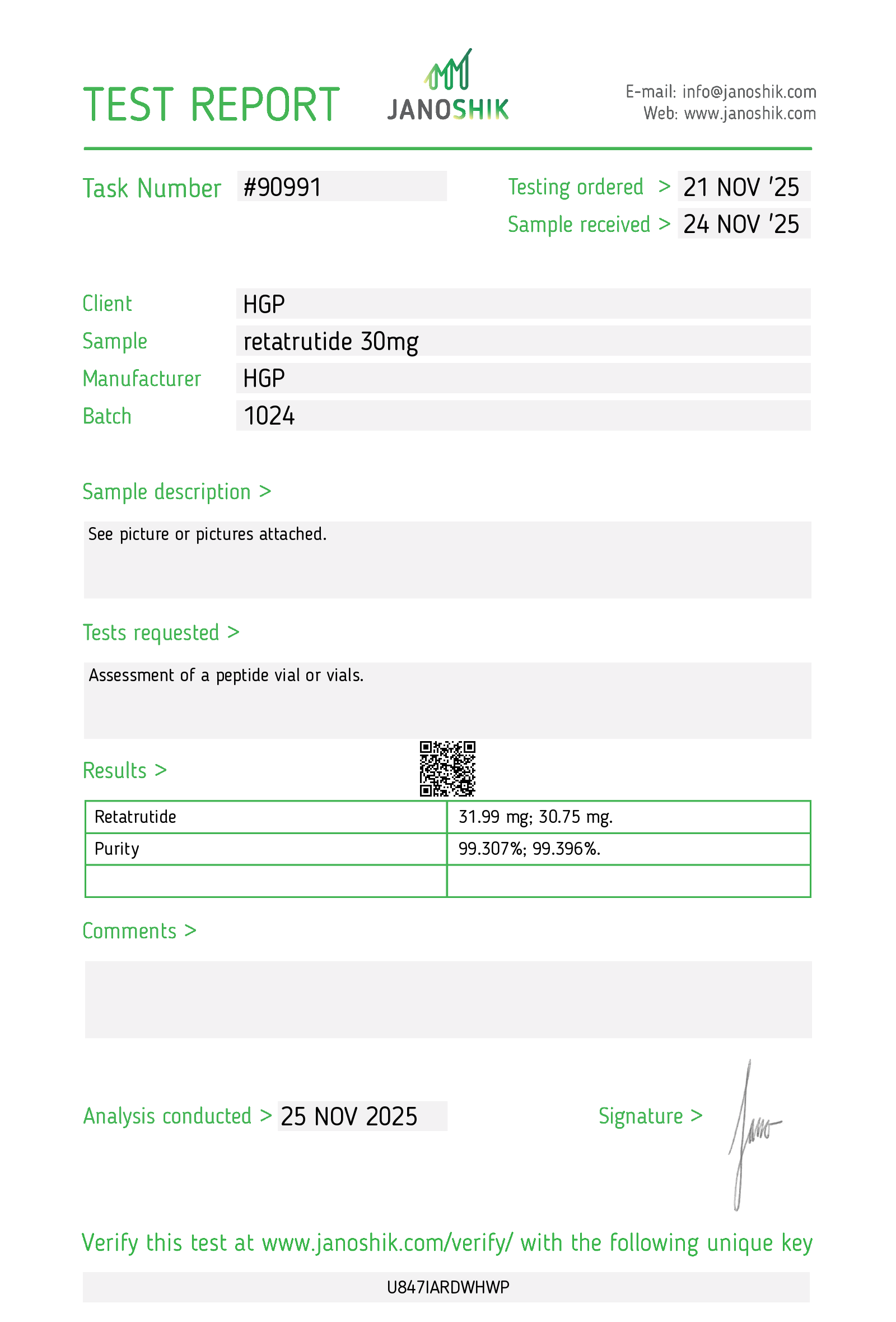 Original retatrutide 30mg sample report, 90991