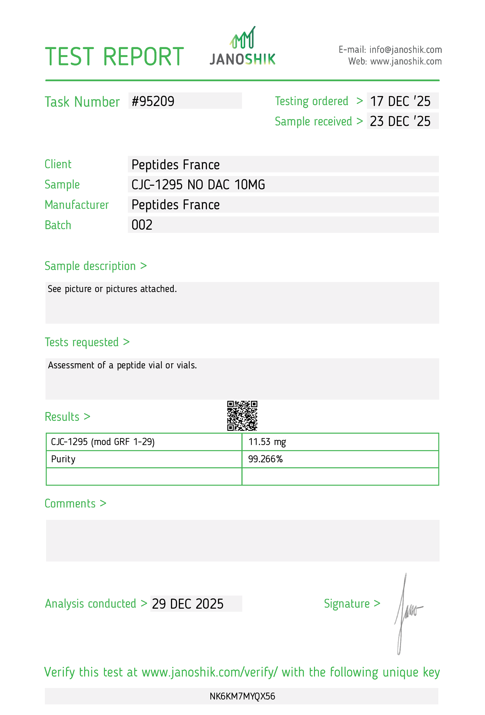 Original CJC-1295 NO DAC 10MG sample report, 95209